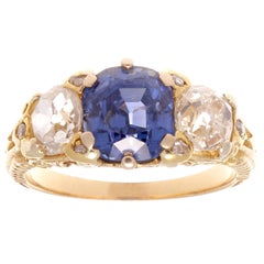Victorian Three-Stone No Heat Ceylon Sapphire Diamond Gold Ring