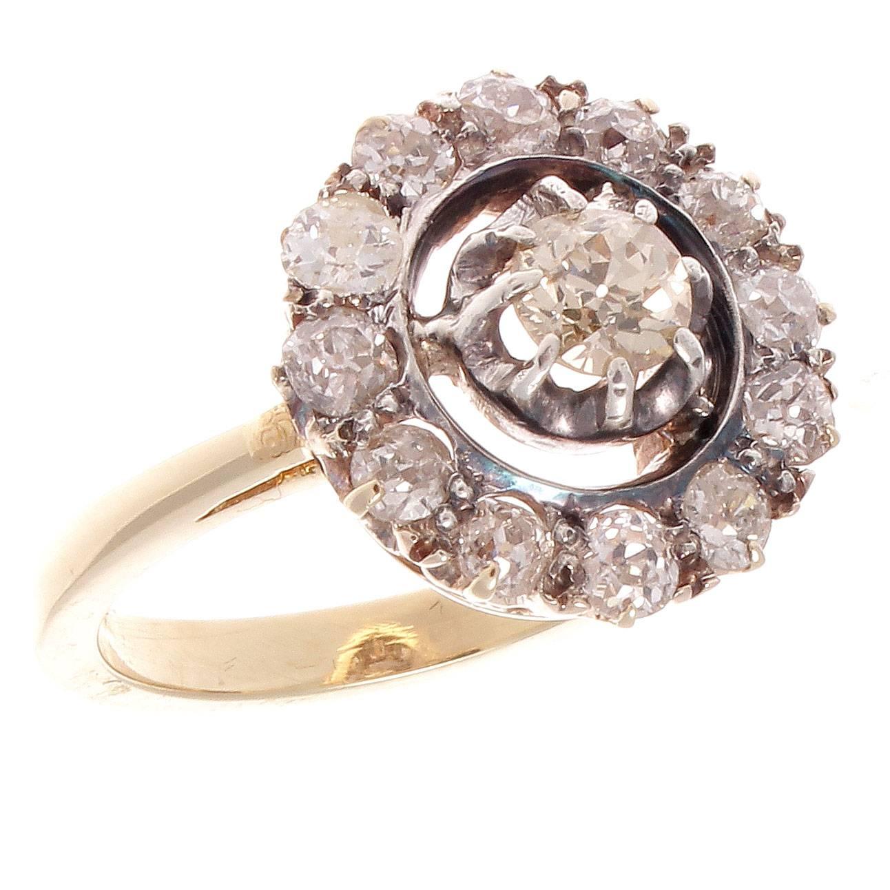 This is the original classic of a celestial design from the 19th century that is know referred to as the cluster ring. Featuring numerous old cut diamonds orbiting a single diamond. Hand crafted in 14k yellow gold and silver.

Ring size 6 1/4 and