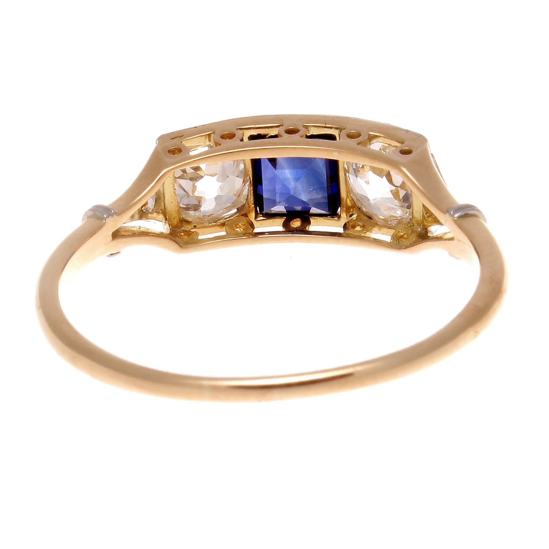 Women's French Art Deco Sapphire Diamond Three-Stone Gold and Platinum Ring