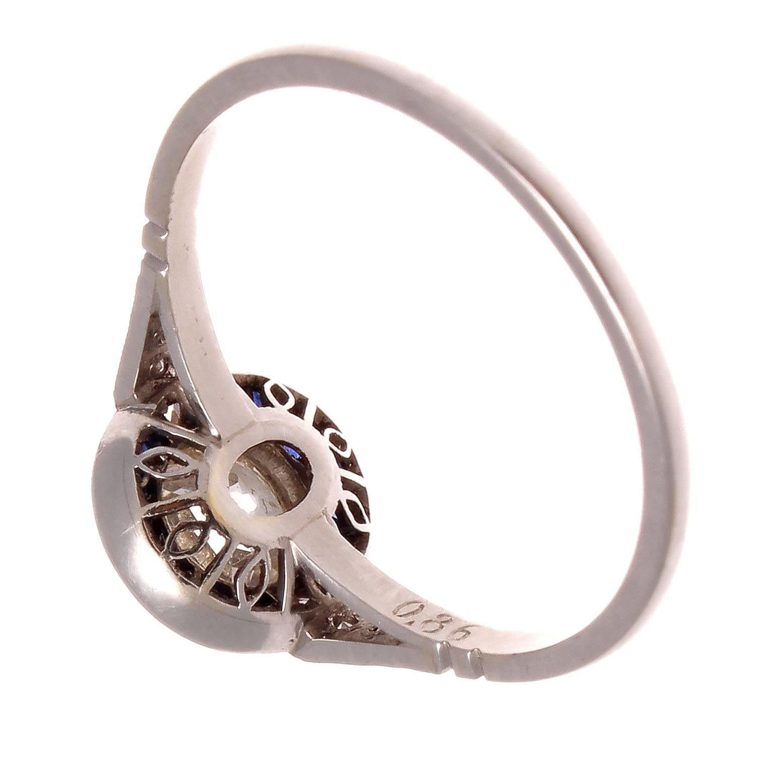 Art Deco 0.86 Carat Diamond Sapphire Halo Platinum Engagement Ring