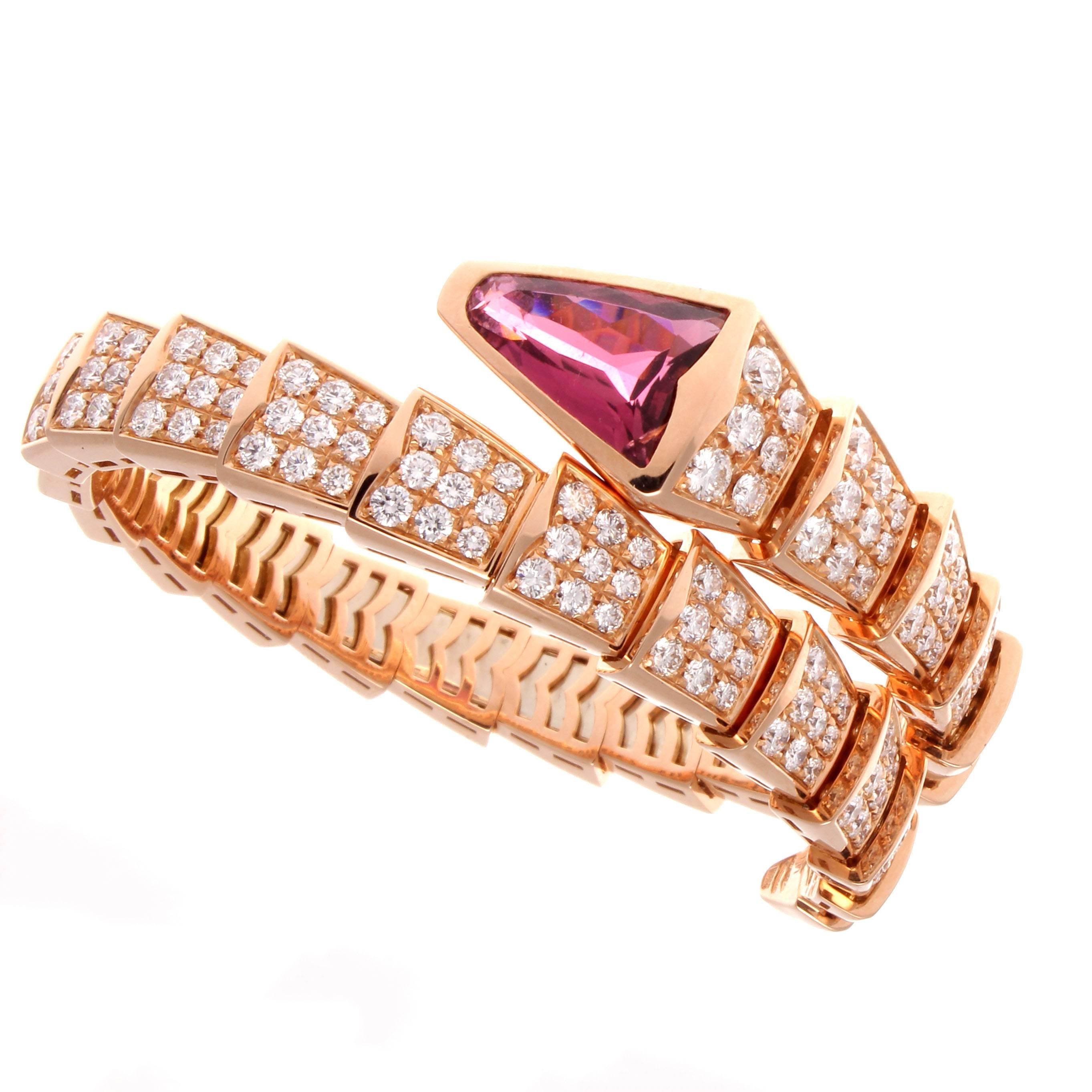 To commemorate one of the most recognizable collections from one of the top jewelry houses; Bulgari. The snake has been apparent throughout history in many cultures as it symbolizes wisdom, vitality and seduction. Featuring a glowing pink tourmaline