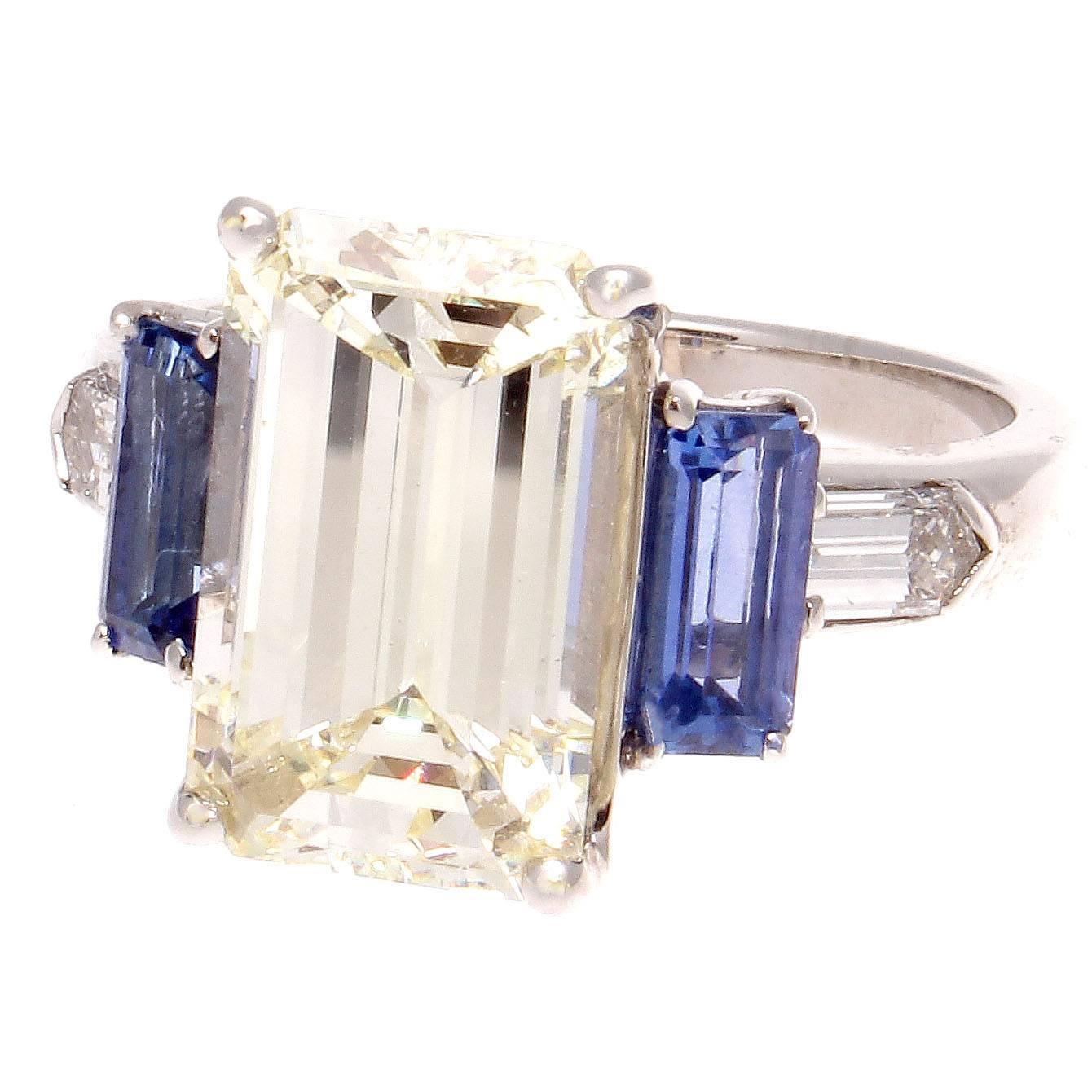 5.14 Carat Emerald Cut Diamond Sapphire Platinum Ring