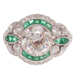 Old European Cut 2.05 Carat Diamond Emerald Platinum Engagement Ring