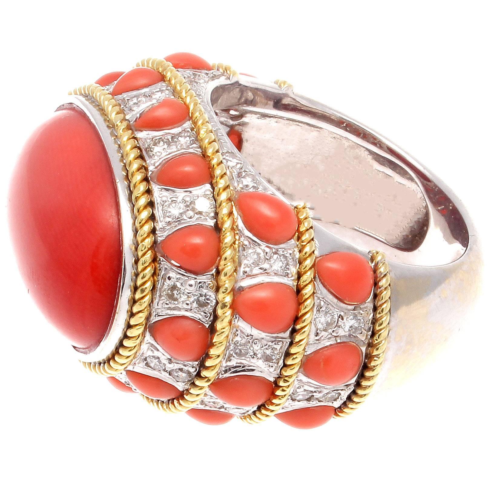 Coral Diamond Gold Cocktail Ring In Excellent Condition In Beverly Hills, CA