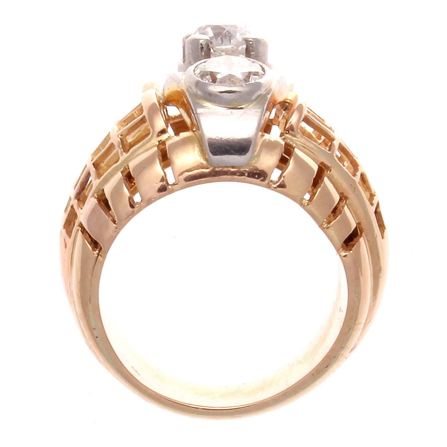 Retro French Three-Stone Diamond Gold Ring