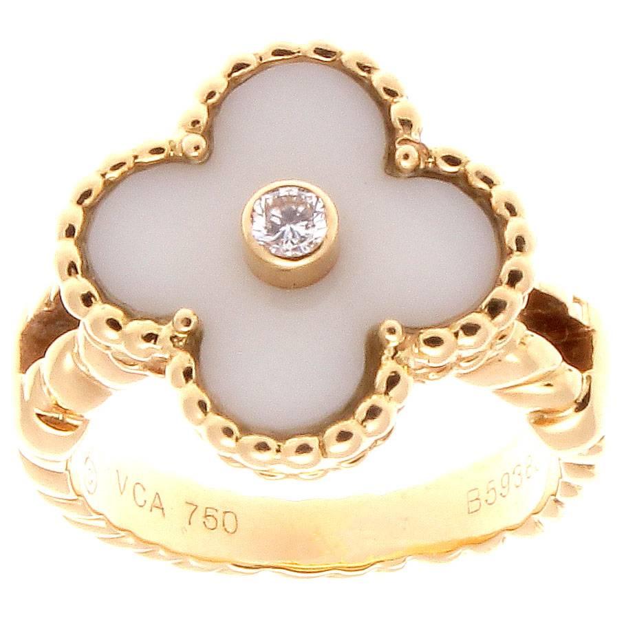 Van Cleef & Arpels Alhambra White Coral Diamond Gold Ring