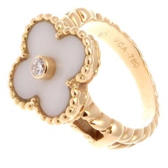 Van Cleef & Arpels Alhambra White Coral Diamond Gold Ring