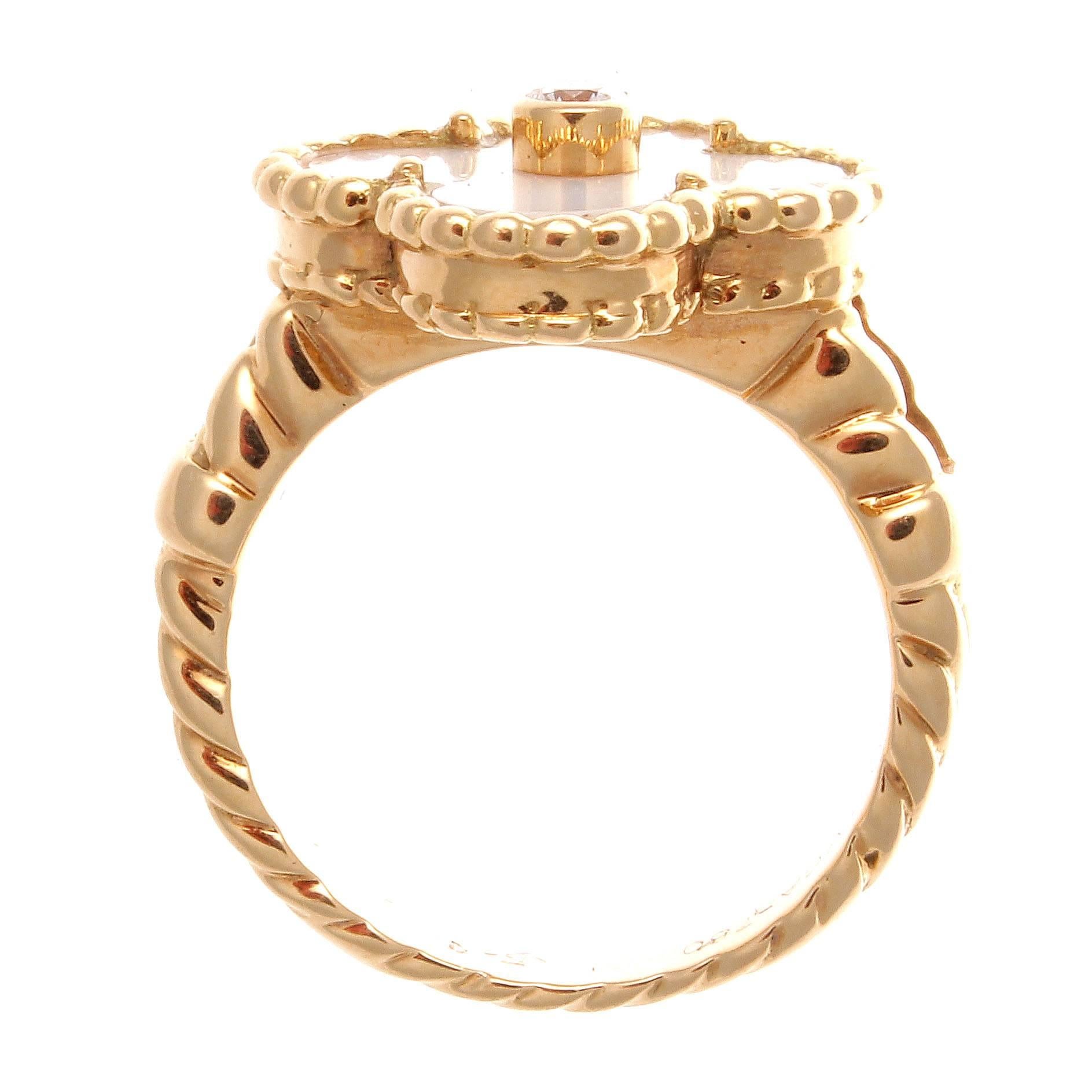 Modern Van Cleef & Arpels Alhambra White Coral Diamond Gold Ring