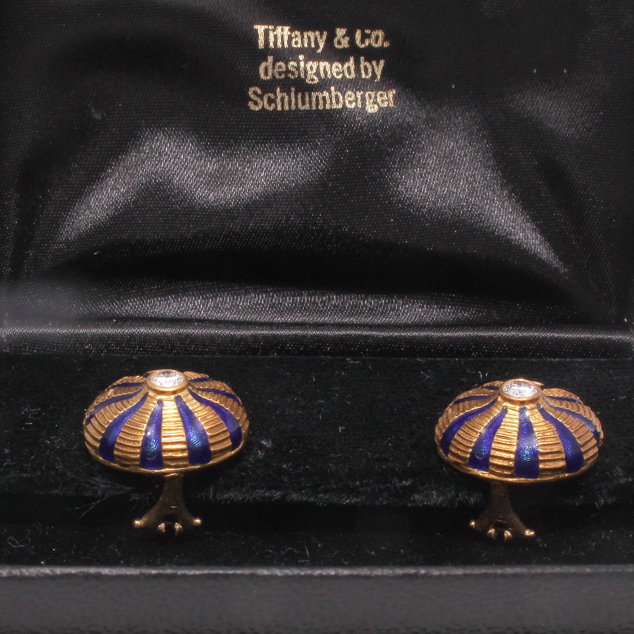 Tiffany & Co. Schlumberger Diamond Enamel Gold Earrings In Excellent Condition In Beverly Hills, CA