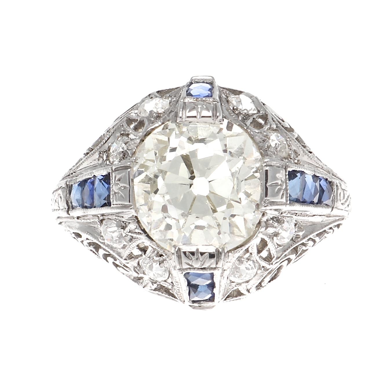 Art Deco 2.34 Carat Old European Cut Diamond Sapphire Platinum Engagement Ring