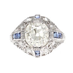 Art Deco 2.34 Carat Old European Cut Diamond Sapphire Platinum Engagement Ring