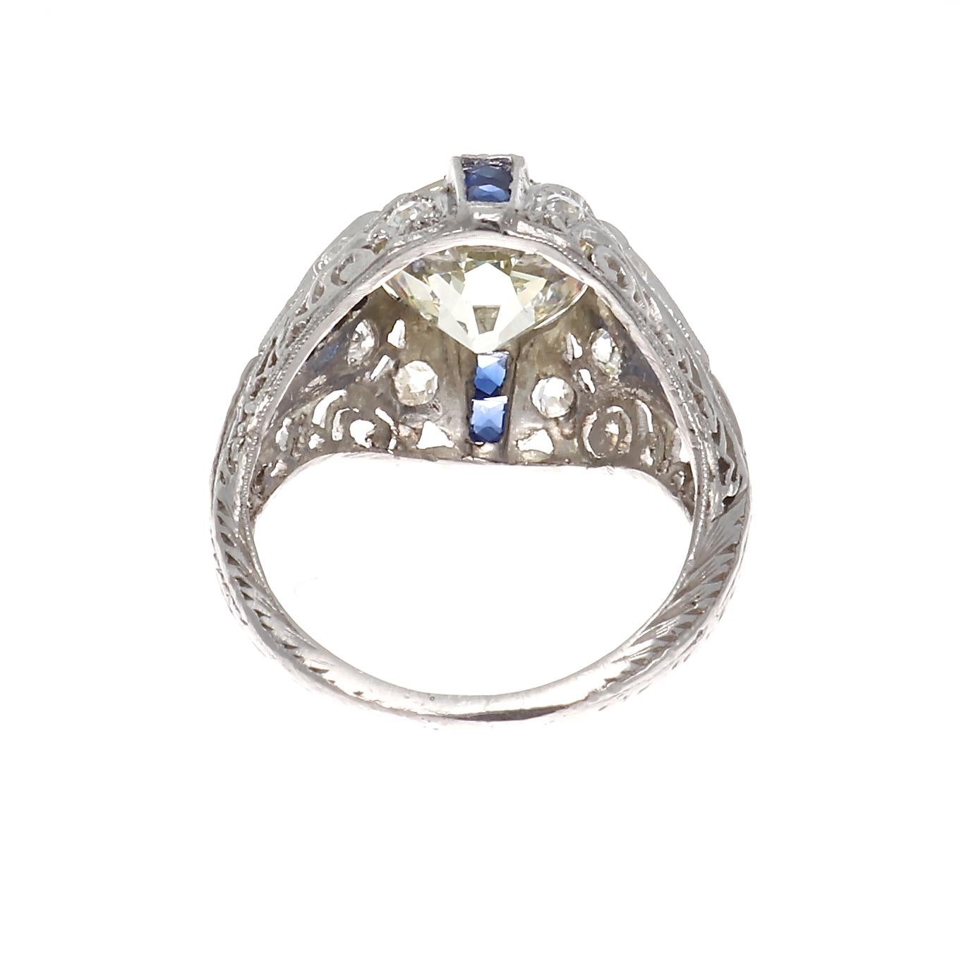 Women's Art Deco 2.34 Carat Old European Cut Diamond Sapphire Platinum Engagement Ring