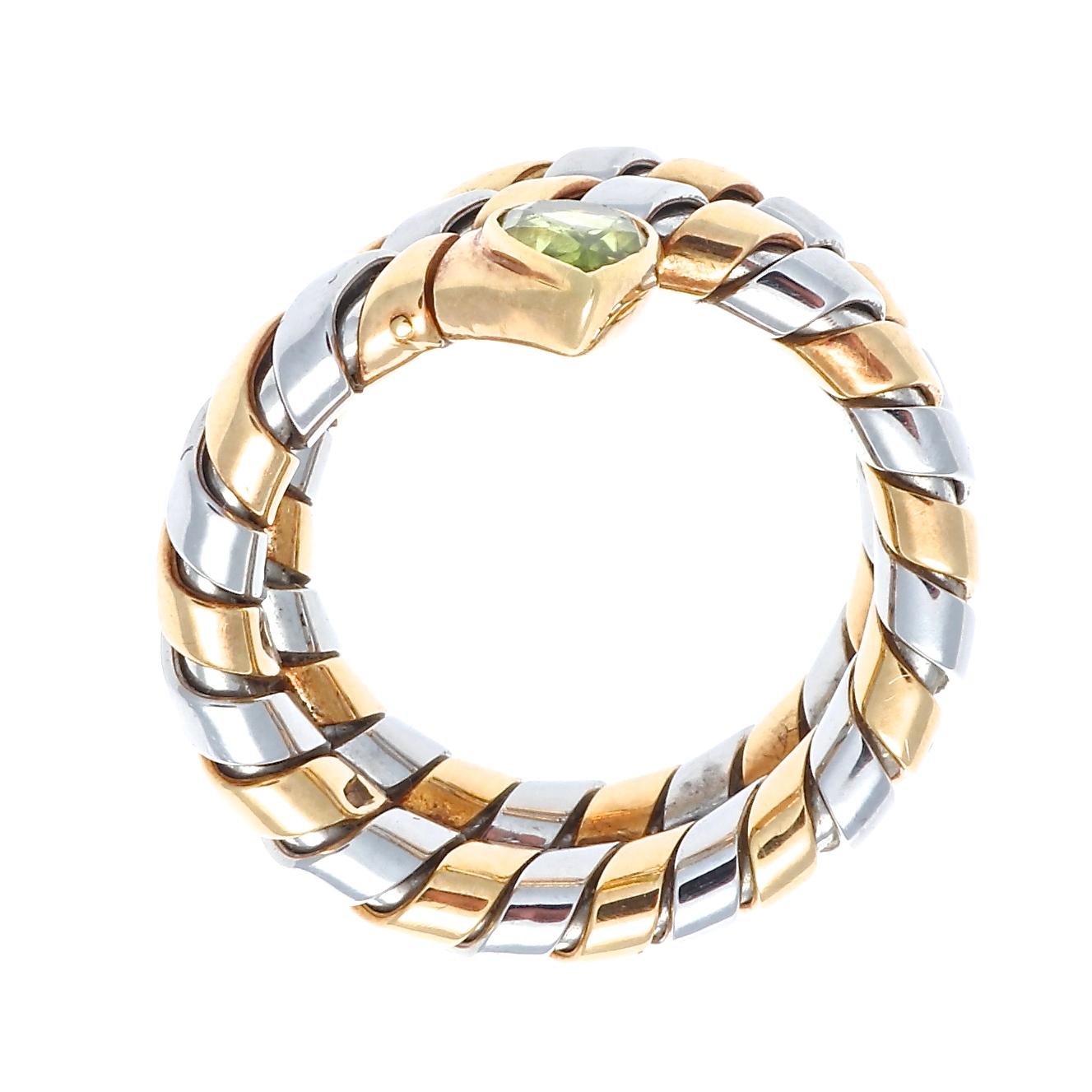 Bulgari Green Tourmaline Gold and Steel Tubogas Serpenti Ring In Excellent Condition In Beverly Hills, CA