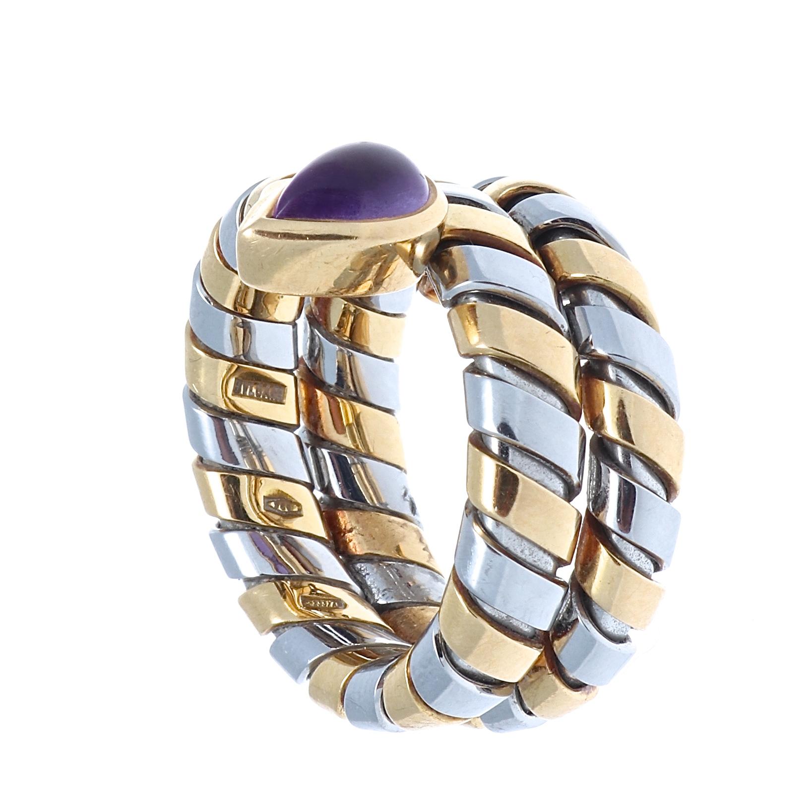 Modern Bulgari Amethyst Gold Steel Tubogas Serpenti Ring