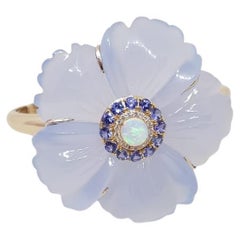 Chalcedony Cuff with Opal Center, Tanzanite Halo, and Diamonds in 18K Gold