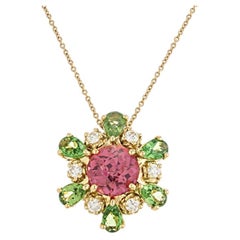 Handcrafted 18K Pendant with Tourmaline Center, Tsavorite Halo, Diamond Necklace