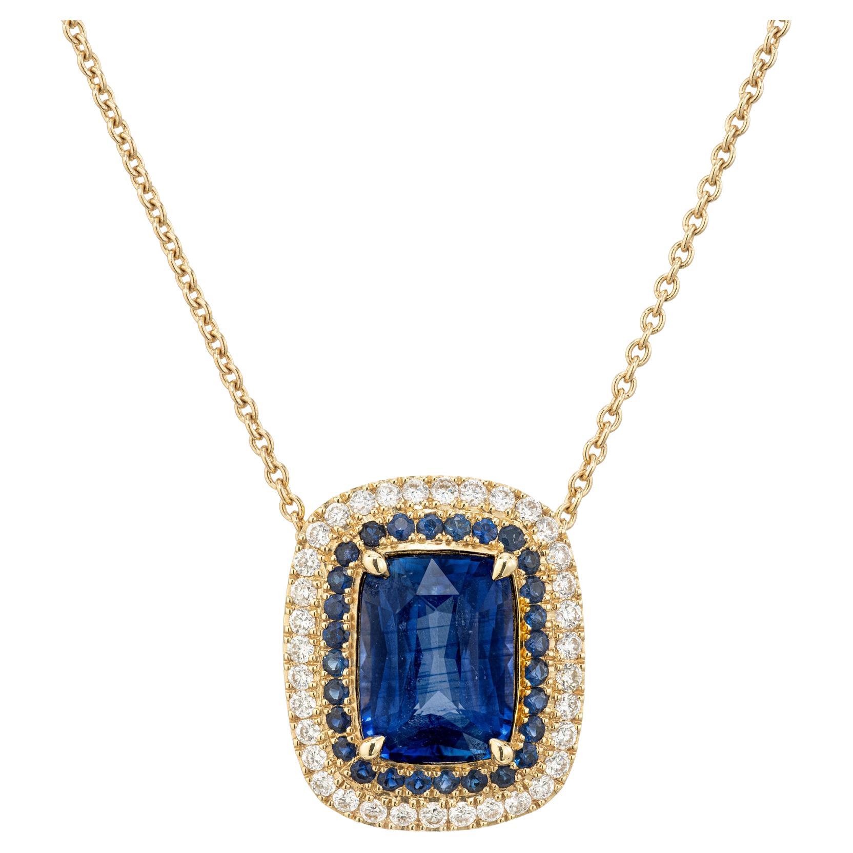 Collana con zaffiro blu da 2,11 carati con diamante e zaffiro a raggiera in oro giallo 18 carati