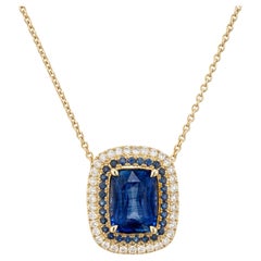2.11ct Blue Sapphire Necklace with Diamond and Sapphire Halo in 18K Yellow Gold