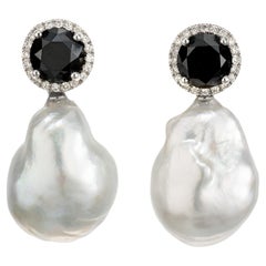South Sea Pearl & Black Diamonds with Halo Drop Earrings in 18K Gold