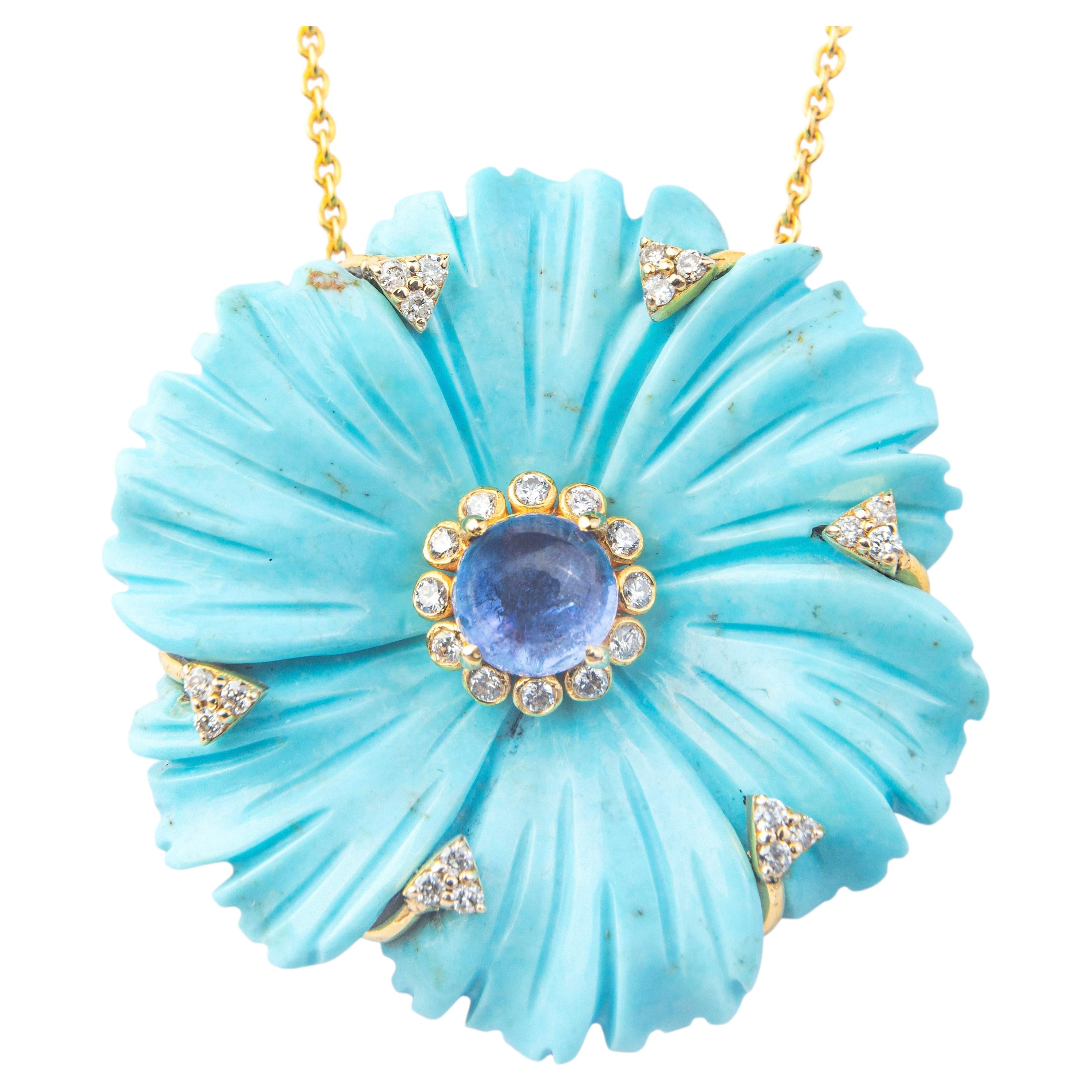 Turquoise, Tanzanite and Diamond Necklace in 18K Yellow Gold