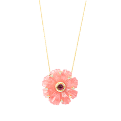 Collana con ciondolo in rodocrosite, tormalina rosa e diamanti in oro giallo 18 carati