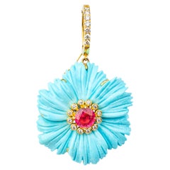 Pendentif de 35 mm en turquoise, tourmaline et diamant, en or jaune 18 carats