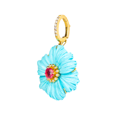 Pendentif de 35 mm en turquoise, tourmaline et diamant, en or jaune 18 carats