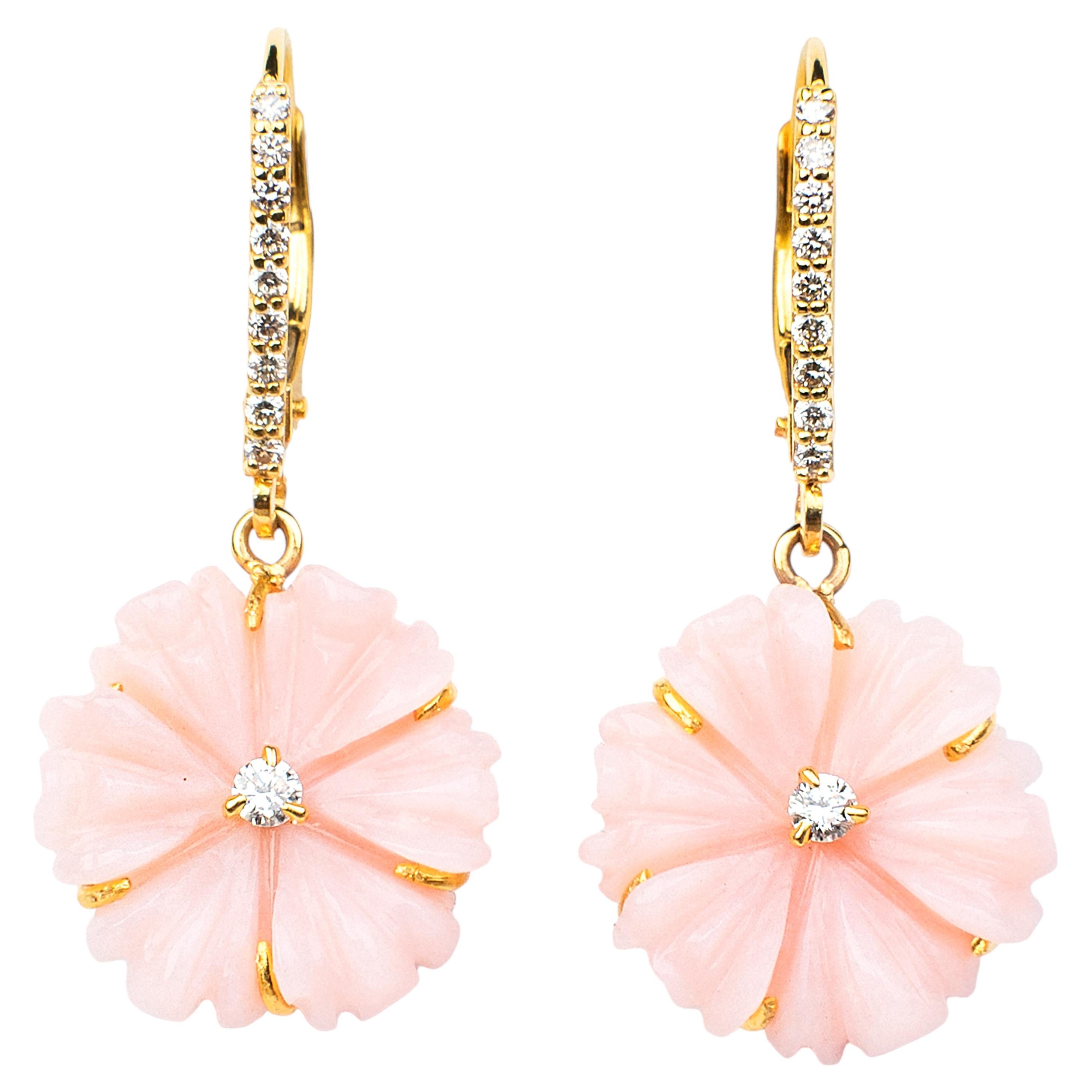 Pink Opal and Diamond Drop Earrings in 18K Yellow Gold
