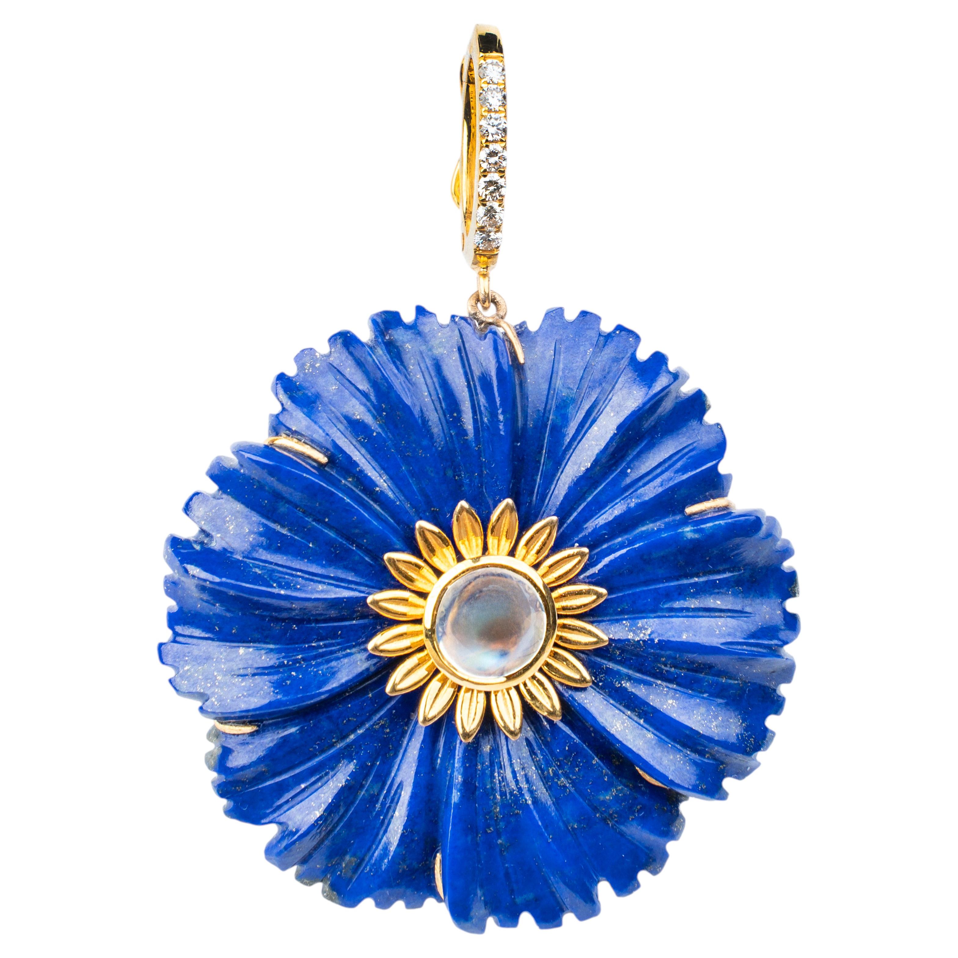 Collier imposant en lapis-lazuli, pierre de lune et diamants, en or jaune 18 carats en vente