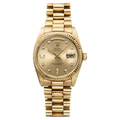 Vintage 1980s Rolex Day-Date 18038 Yellow Gold Champagne Diamond Dial Auto 36mm