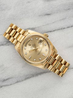 Vintage 1980s Rolex Day-Date 18038 Yellow Gold Champagne Diamond Dial Auto 36mm