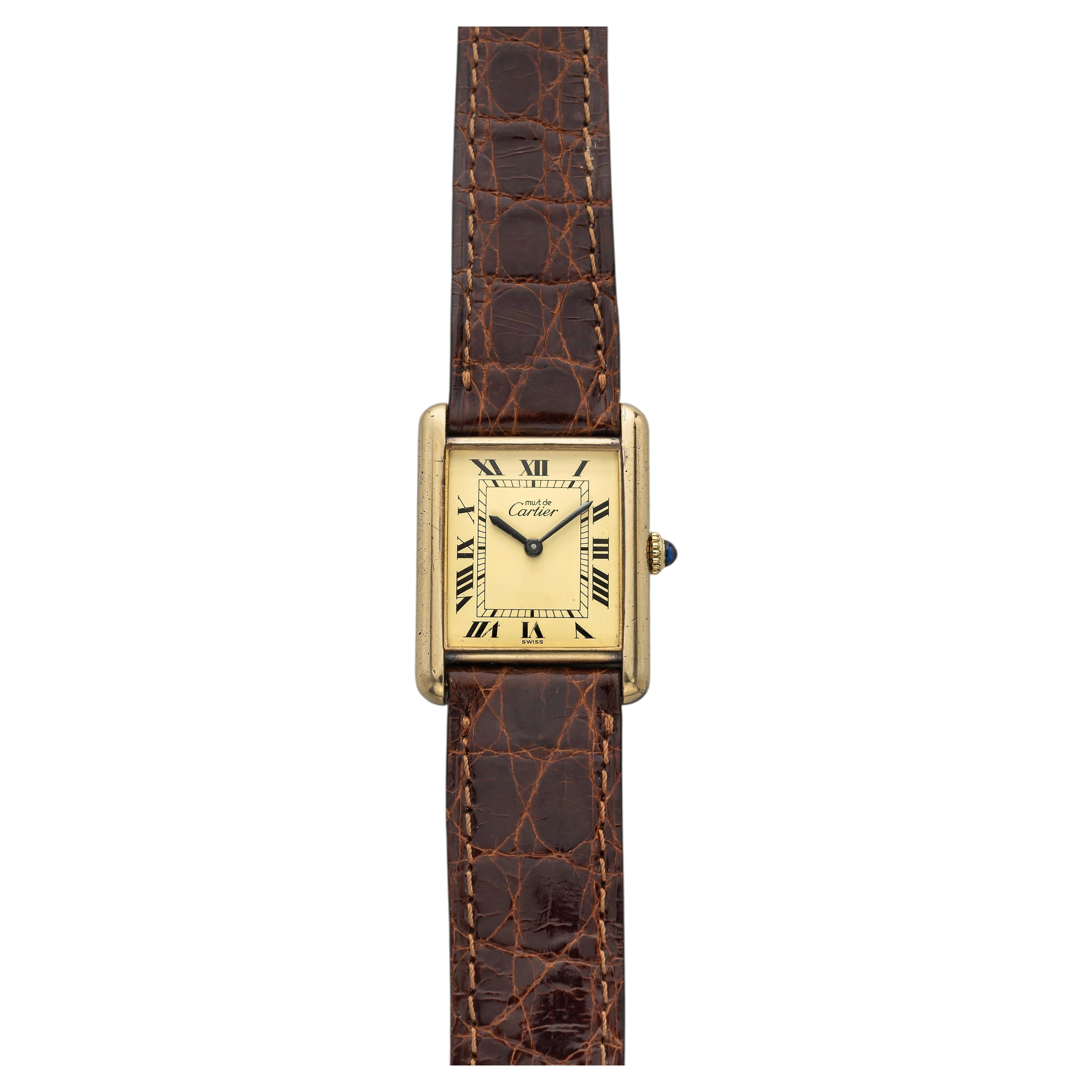 Vintage 1970s Cartier Must de Tank Vermeil Lemon Roman Dial Manual 23mm For Sale