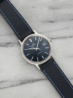 Omega Genève des années 1970, acier inoxydable, cadran bleu « sunburst », mouvement automatique, 35 mm