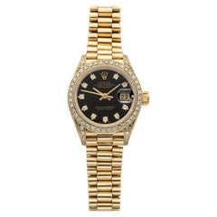 Vintage 1990 Rolex Lady Datejust President 69158 18K YG Black Diamond Dial 26mm