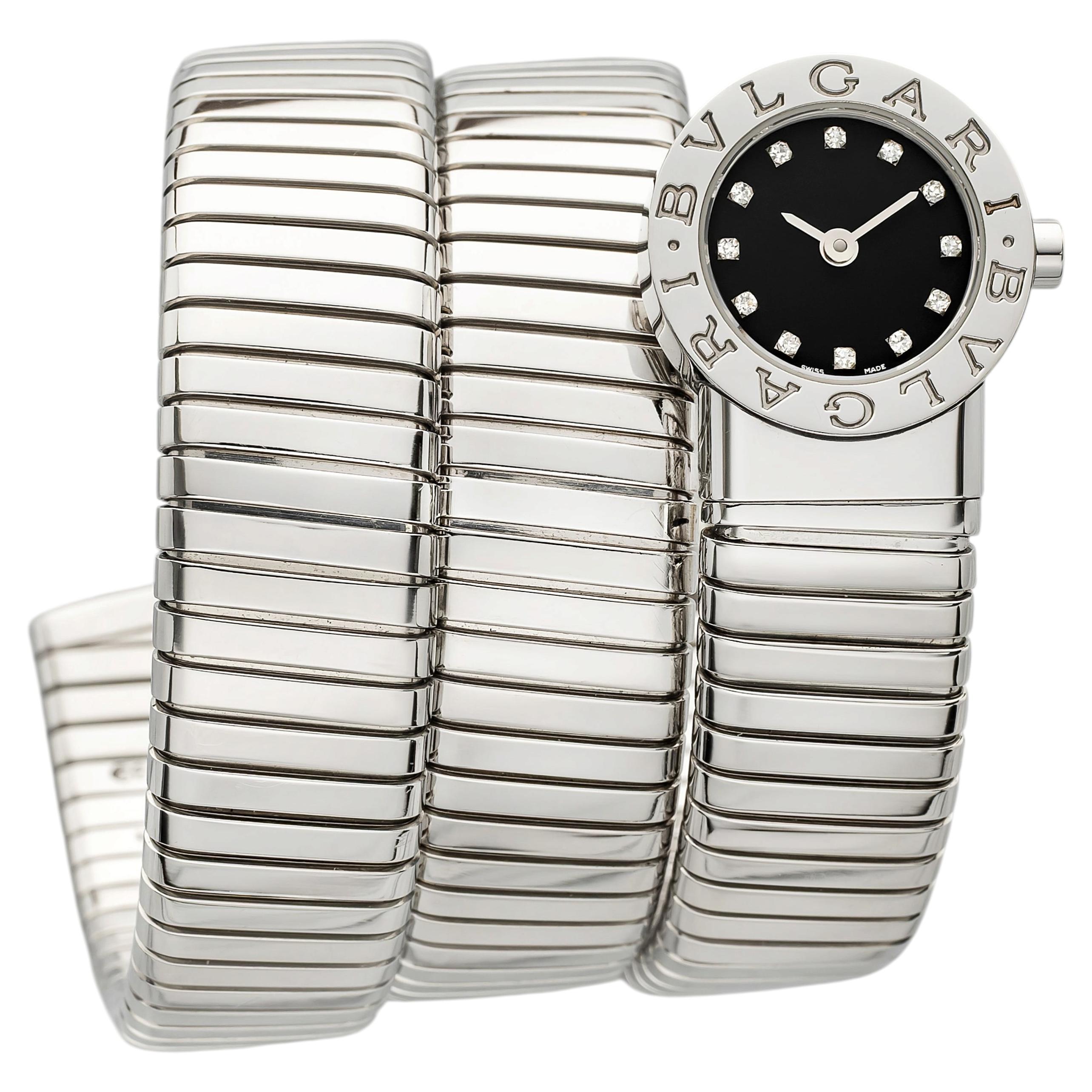 2000s Bvlgari Lady Serpenti Tubogas BB191TS Steel Black Diamond Dial Quartz 19mm For Sale
