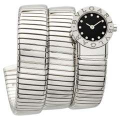 2000er Jahre Bvlgari Lady Serpenti Tubogas BB191TS Edelstahl, schwarzes Zifferblatt mit Diamanten, Quarzwerk, 19 mm