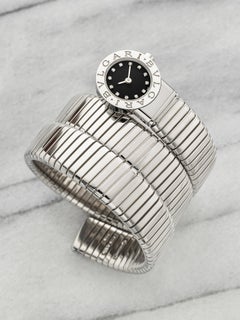 2000er Jahre Bvlgari Lady Serpenti Tubogas BB191TS Edelstahl, schwarzes Zifferblatt mit Diamanten, Quarzwerk, 19 mm