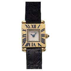 Vintage 1980s Cartier Ladies Obus Tank 18K YG Blue Enamel Roman Bezel 20mm
