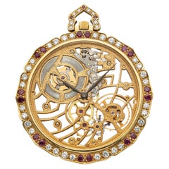 Audemars Piguet BA35729 vintage degli anni '80, orologio da tasca scheletrato in oro giallo 18 carati con diamanti e rubini, 45 mm