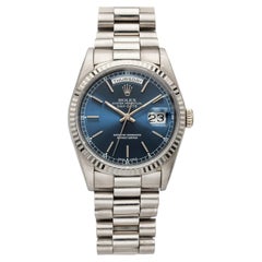 Vintage 1990 Rolex Day-Date 18239 18K White Gold Blue Sunburst Dial Auto 36mm
