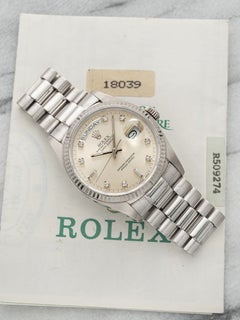 Vintage 1989 Rolex Day-Date 18039 18K White Gold Silver Diamond Dial Auto 36mm