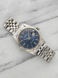 Rolex Datejust 1601 vintage de 1973, acier inoxydable, cadran bleu patiné, remontage automatique, 36 mm