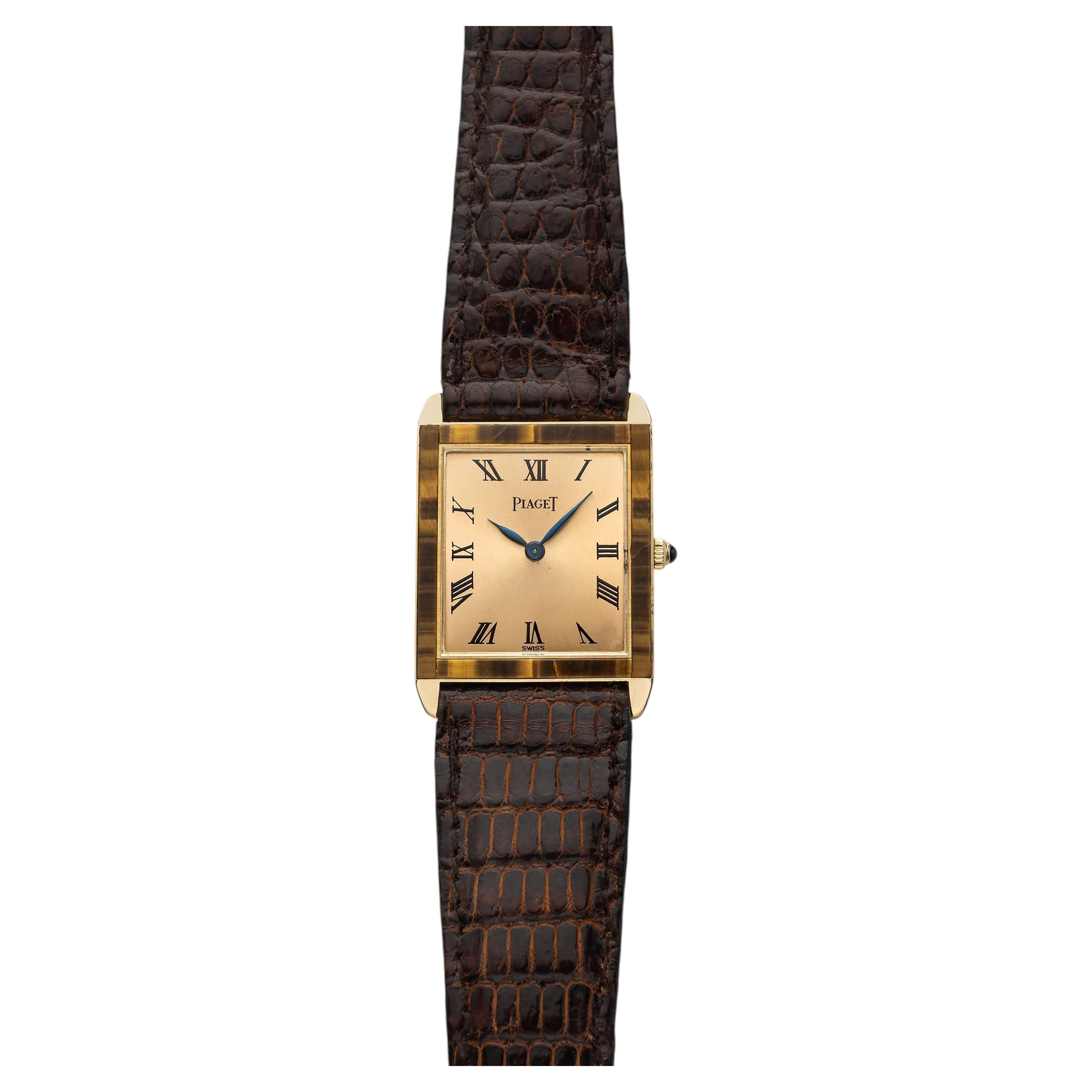 Vintage 1980s Piaget Tank 9161 18K Yellow Gold Tiger Eye Bezel Manual 23mm For Sale