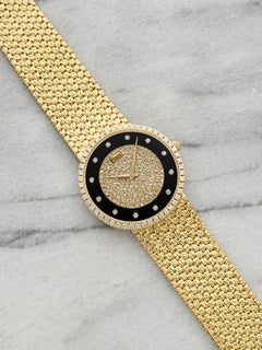 Vintage 1980s Piaget 8066 18K Yellow Gold Diamond & Onyx Stone Dial Quartz 33mm