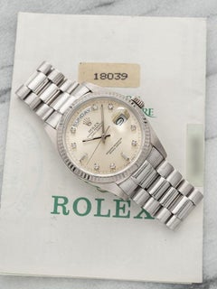 Vintage 1989 Rolex Day-Date 18039 18K White Gold Silver Diamond Dial Auto 36mm