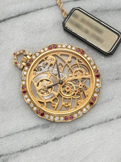 Audemars Piguet BA35729 vintage degli anni '80, orologio da tasca scheletrato in oro giallo 18 carati con diamanti e rubini, 45 mm