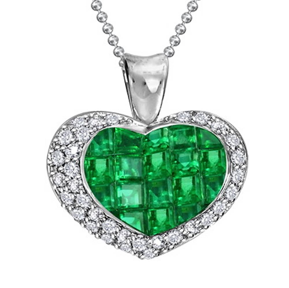 Emerald Diamond White Gold Heart Pendant Necklace For Sale
