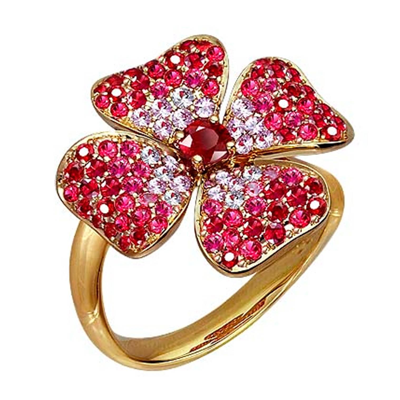 Ruby Pink Sapphire Yellow Gold Flower Ring For Sale