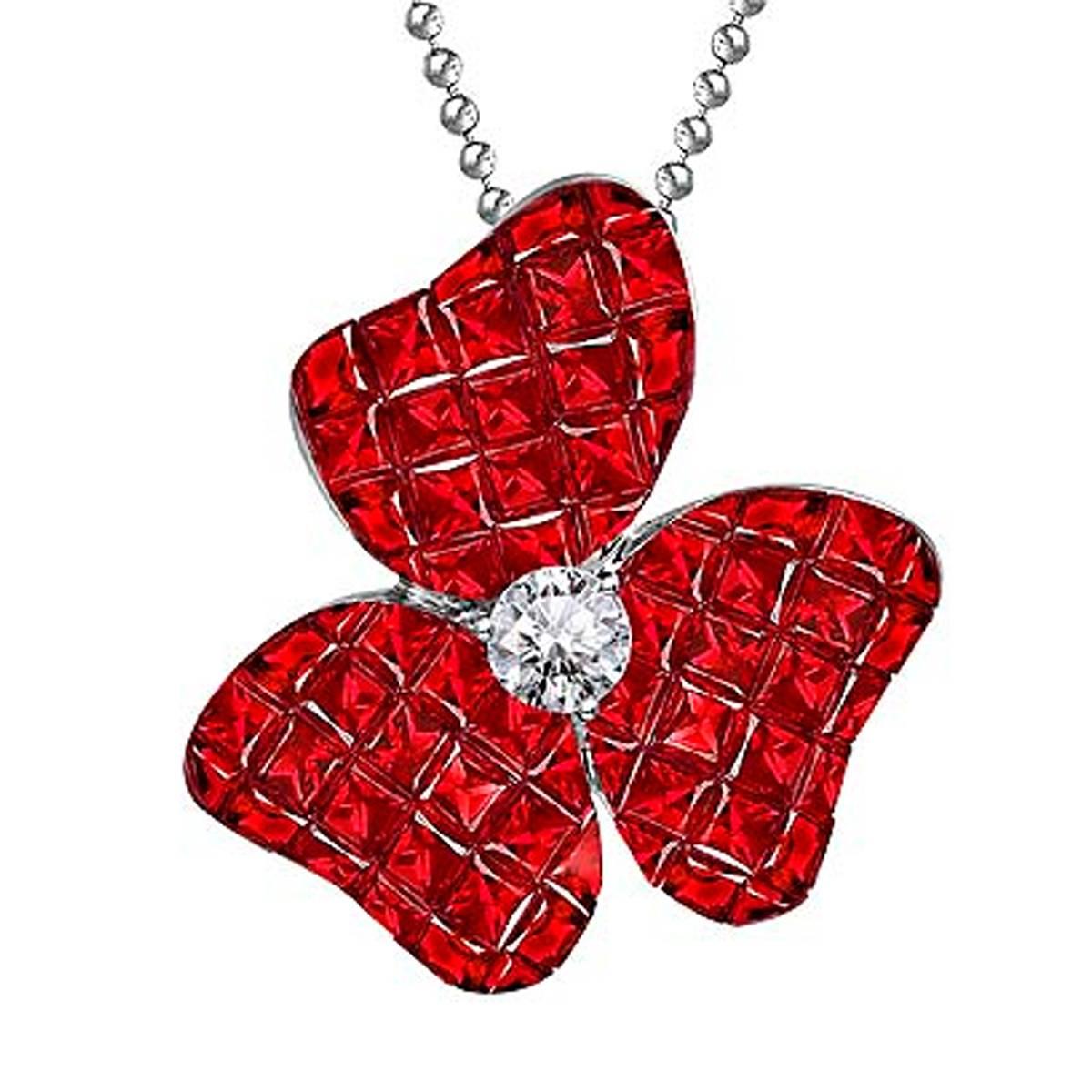Ruby Diamond White Gold Flower Pendant Necklace For Sale