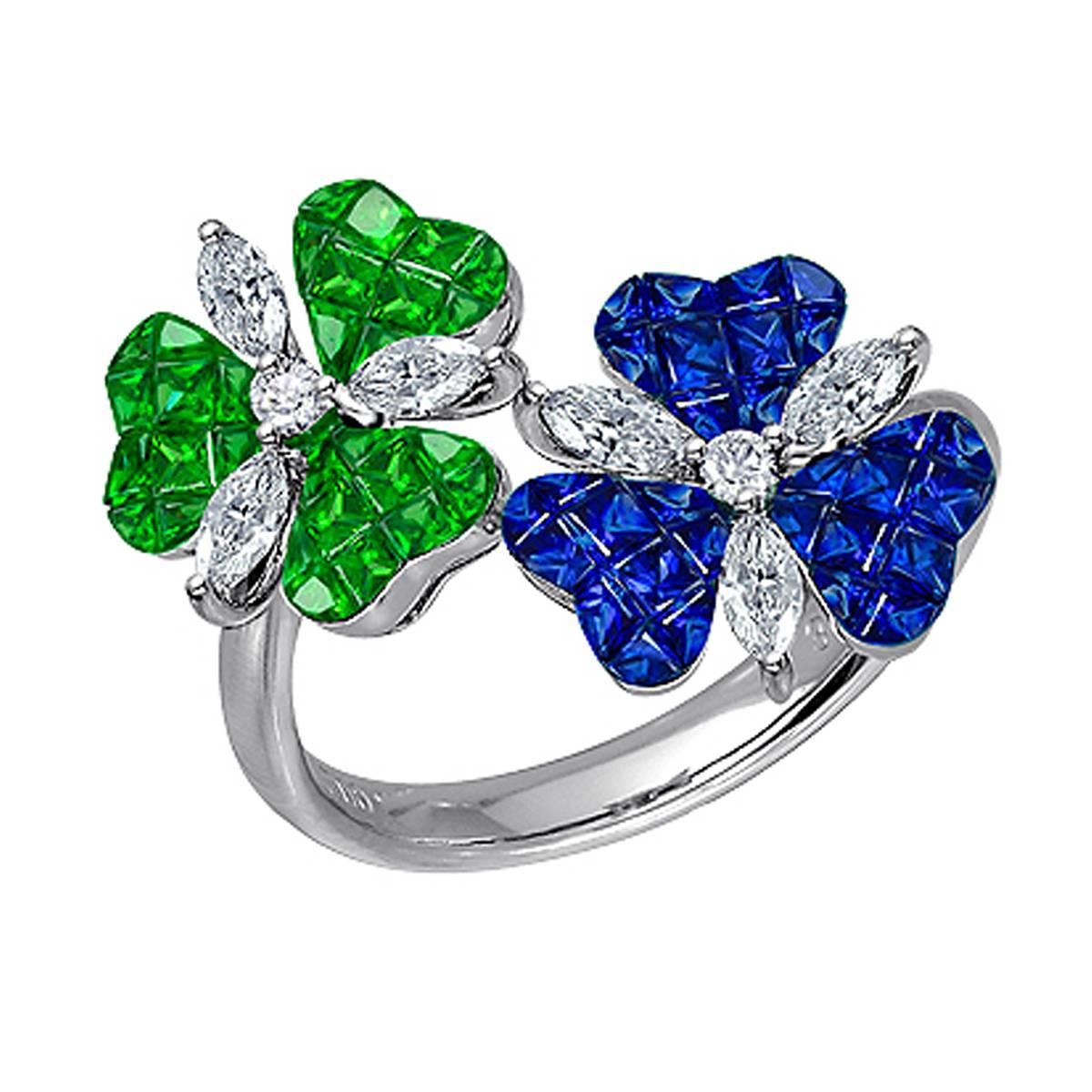 Invisible Set Blue Sapphire Tsavorite Diamond White Gold Flower Ring For Sale